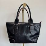 Nordstrom Black Leather Pink Stitching Double Handle Small Handbag Purse Mod Photo 8