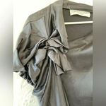 David Szeto black 100% silk dress asymmetric draped sleeve, floral shoulder; 42 Size 10 Photo 2