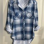 Eden & Olivia  Blue Plaid Button Down Shirt L Long Sleeve Hi-Low Hem Roll Tab NWT Photo 0