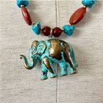 Brass elephant pendant necklace with carnelian, turquoise and red jasper beads Photo 2
