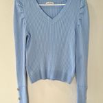 Love Always Blue Long Sleeve Puff Shoulder Ribbed Knit V Neck Pullover Sweater Photo 0