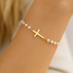 Gold and Pearl Bracelet/Anklet with Cross Charm Photo 2