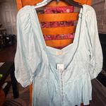 Urban Outfitters Blue Puff Sleeve Blouse with Bib Collar and Ruched Peplum Photo 0