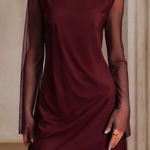 Rihoas Wine Red Boat Neck Mesh Mini Dress Photo 0