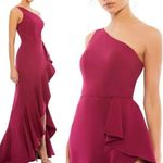 Mac Duggal NWT  Maroon One Shoulder High Slit Ruffle Gown Hi-Low Hem Size 4 Photo 0