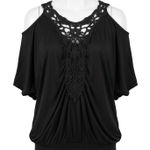 Mon Amie XL Black Lace Cold Shoulder Boho Chic Dolman Batwing Sleeve Romantic Photo 0