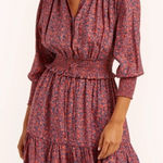 Rebecca Minkoff  Chloe Floral 3/4 Sleeve Smocked Waist Mini Dress Maroon Medium Photo 0