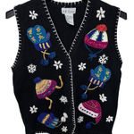 Vintage Winter Sweater Vest BP Design Women's Size Medium Toboggans & Gloves Black Photo 0