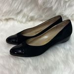 Salvatore Ferragamo  Black Leather Patent Cap Toe Low Wedge Size 6.5aa B-24 Photo 1