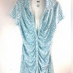 SO  XL Wavy Checkerboard Ruched Front Button Down Tee Mini Dress in  Light Blue Photo 1