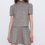 ZARA Animal Print Crop Top Womens Size S Puff Sleeves High Neck Smocked Textured Photo 0