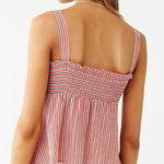 Red Orange, White, Black Striped Knotted Tie-Front Low Cut Tank Top Photo 3