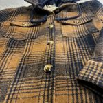 Mystree NEW  Womens Plaid Shirt‎ Jacket Shacket Brown Blue Hooded Size Large Photo 1