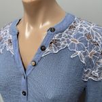 Free People  Easy Breezy Henley Shirt Periwinkle Blue Appliqué Small Long Sleeve Photo 4