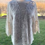 Entro  Top Floral Lace Mesh Cream Lace-Up Bell Sleeve Blouse Photo 2