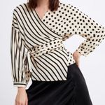 ZARA  Cream and Black with Stripe and Polka Dots Wrap Blouse Long Sleeve Top Photo 2