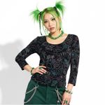 Christopher & Banks Embroidered Floral Slinky Top Sz M Black Retro Y2K Vintage Photo 0