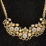 VTG Florenza Emerald Green Aurora Borealis Gold Tone Floral Necklace Photo 1