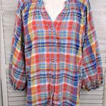 Time And Tru  Puff Sleeve Plaid Button Down Shirt Blue/Red Multi-XL Photo 0