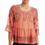 Free People Pennies Sequel Semi-Sheer Rust Embroidered 3/4-Slv Blouse Top VGUC XS Photo 0