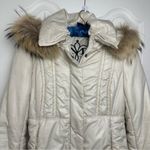 Mackage  Cream Mid-length Down WOOL Leather Puffer jacket Coat with Fur Hood sz S Photo 2