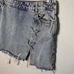 ZARA  Denim Jean Skirt Women’s L Mini Raw Hem Side Lace Med Wash Western Festival Photo 2