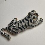 Large Tiger Striped Wild Cat Rhinestone Gold Tone Black Enamel Brooch Pin Photo 0