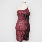 Betsy and Adam One Shoulder Burgundy Sequin Cocktail Dress Photo 1