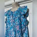 Lilly Pulitzer NWT Lily Pulitzer Light Blue Ruffle Short Cap Sleeve Beach Seashell Blouse Sz S Photo 3