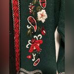 Koret Green Ugly Christmas Embroidered Floral Button Down Cardigan Sweater Size L Photo 7