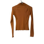 SO  Brand Top Women's S Boho Long Sleeve Ribbed Ruffle Trim Mock Neck Shirt Brown Photo 4