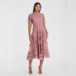 Mac Duggal  8058 Pink High Neck Micro Ruffle Tiered Midi Dress Photo 2