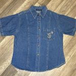 Speed Star Women M Shirt Blue Denim Floral Embroidery Cotton Button Down VTG Size M Photo 0