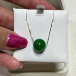 14K Solid Gold Thin Box Chain Green Jade Bead Pendant Necklace Photo 0