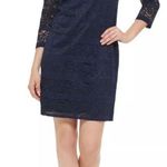 Jessica Howard  Lace Overlay 3/4 Sleeve Elegant Navy Lace Sheath Dress Size 8 Photo 0