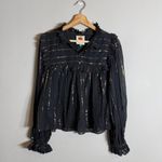 Farm Rio  Metallic Stripe Ruffle Shirt Blouse Women's Small Black Top Boho NWOT Photo 4