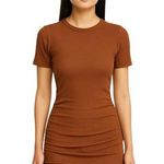 ZARA  Brown Ribbed Knit Short Sleeve Side Ruched Tie Mini Bodycon Dress Size S Photo 0