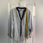 Anne Klein Blouse • Navy White Striped • Tie Front • Roll-Tab Sleeves • XL Photo 12