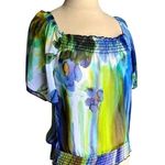 Wrapper Sheer Floral Blue & Green Watercolor Dreamy Flutter Sleeve Blouse XS Photo 3