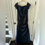 La Femme Off the Shoulder BEADED Satin Trumpet Gown~Navy~10~NWOT! Blue Photo 1