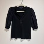 Veronica Beard  Coralee Puff Sleeve Ribbed Top Blouse Black Photo 1