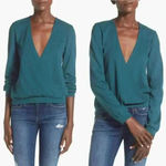 Leith NWT  Long Sleeve Surplice Top Teal Deep Stretch Knit Faux Wrap Career XS Photo 1