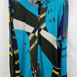 Damee Women's XL Abstract Print Zip Front Jacket Blue Yellow Green Ruffle Collar Photo 0