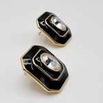 Monet Black Enamel Gold Rhinestone Costume Earrings Rectangle Oval Cut Photo 2