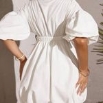 Balloon sleeve deep v neck mini dress. S White Photo 1