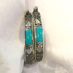 Turquoise Marcasite Sterling Silver Oval Hoop Saddle Back Earrings Blue Photo 1