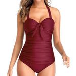 Tempt Me  Swimsuit Halter V-Neck Ruched Slimming Deep Red Size Small NWT #6862 Photo 0