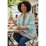 JM Collection Tunic 12 Geometric Print Blue Yellow Beaded Cotton Slit Pullover Photo 11