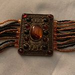 Vintage 9.25” Bracelet Multi Strand Beaded Rectangle Medallion 2” H Orange Black Gold Photo 6