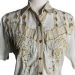 Jasmine Vintage 90s Button Up Crinkle Blouse M White Short Sleeve Embroidered Cut Outs Photo 1